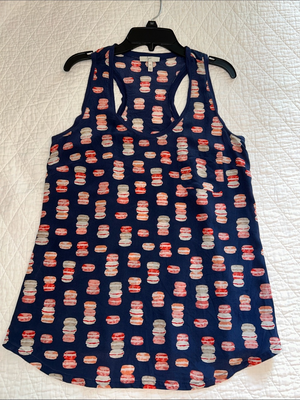 Joie Silk Navy Racerback Tank with Pink and Cream Macaron Print